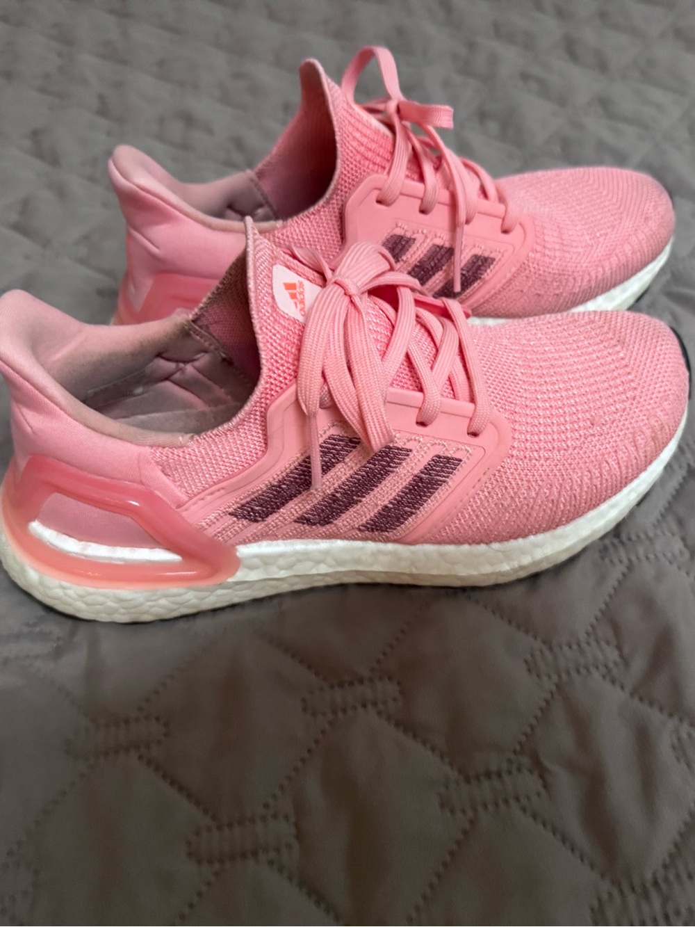 RARE Adidas Ultraboost 20 in bright punch pink with maroon stripe